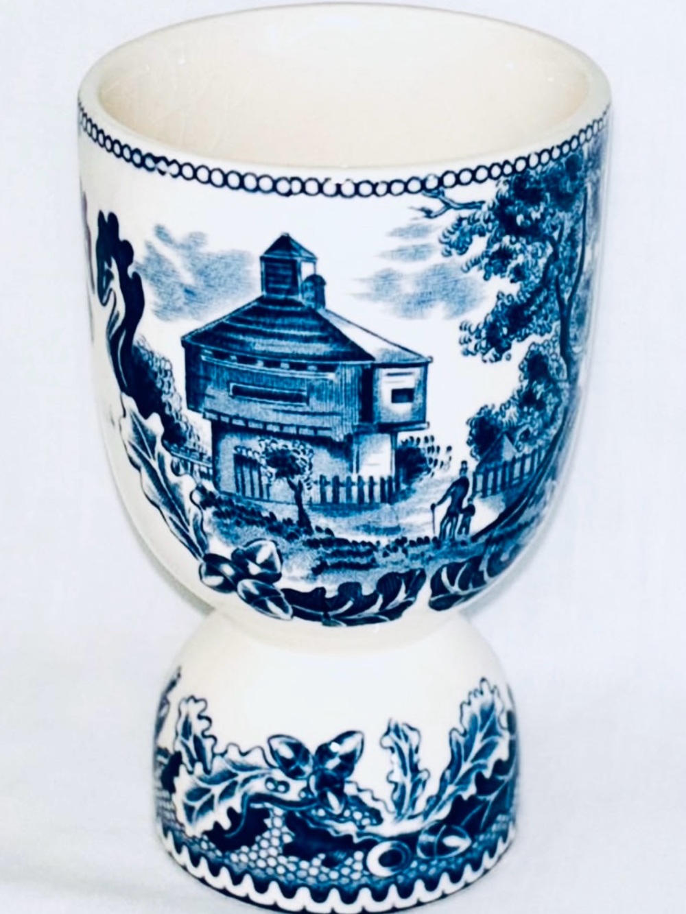 Vintage Johnson Bros English Blue & White Double Egg Cup Historic Fort Dearborn